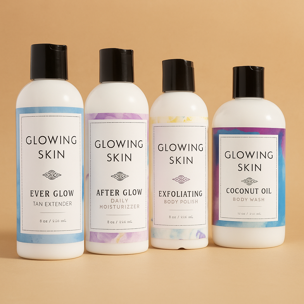 Glowing Skin spray tan products- tan extender, moisturizer, exfoliating polish, and body wash for luxury mobile tanning